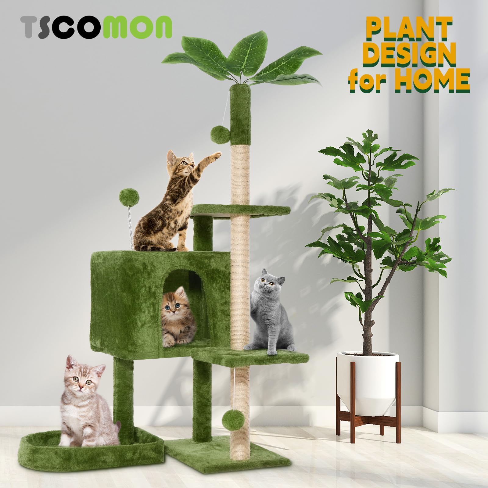 TSCOMON 52in Multi-Level Cat Tower with Sisal Scratching Posts, Hidden Cave & Perch Platform, Large Cat Condo for 1-3 Cats, Eco-Friendly Pet Furniture with Realistic Leaves, Green