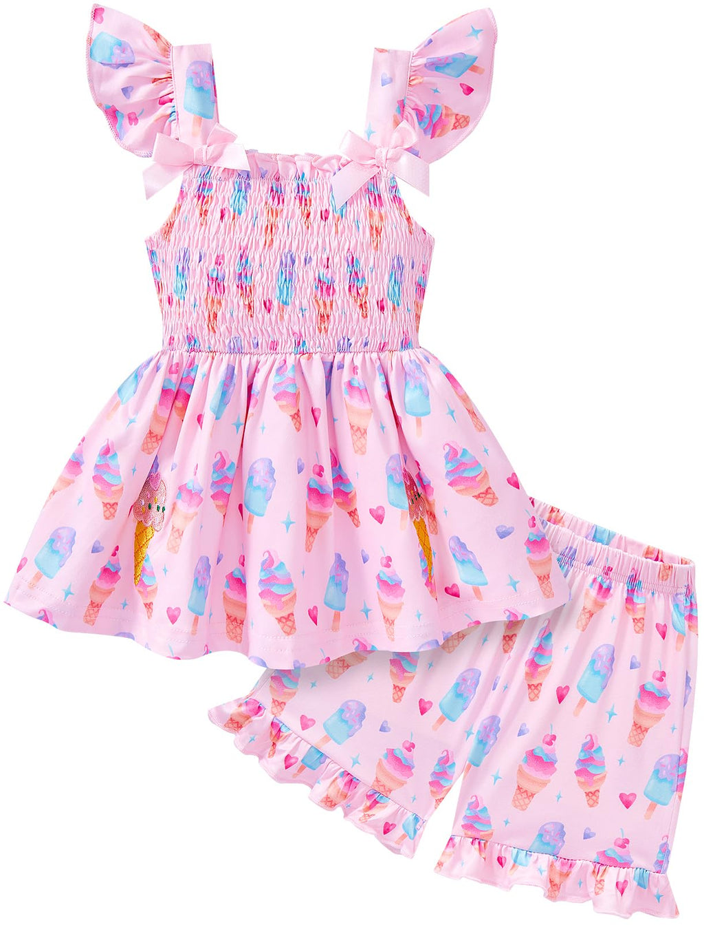Popshion Toddler Girl Clothes Baby Girl Summer Outfits Ruffle Sleeveless Ice Cream Shirts Tops Shorts Set for Girl Pink Clothing Size 5t/2234