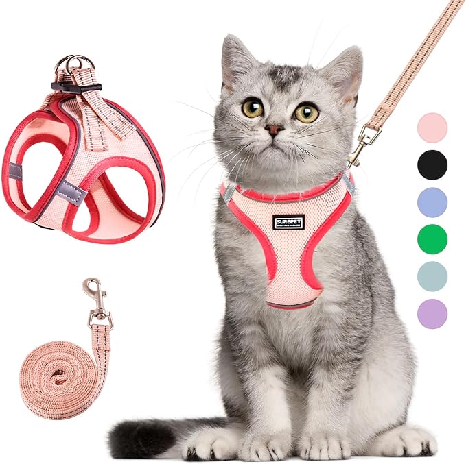 Cat Harness and Leash Set, Soft and Breathable Vest with Reflective Strip, Escape Proof Kitten Harness, Easy to Wear for Cats Walking and Traveling (Pink, XS)