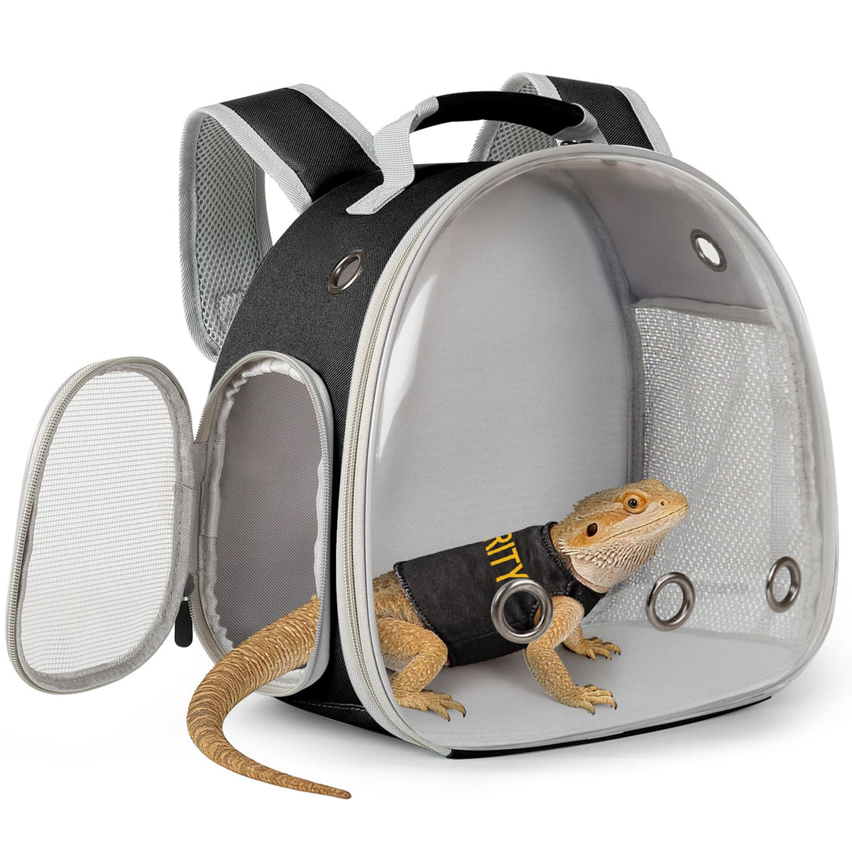 Bearded Dragon Carrier Backpack with Security Printing Harness Leash Set, Reptile Lizard Space Capsule Astronaut Clear Bubble Window Travel Carrier for Small Animal Guinea Pig(Black, Security Harness)