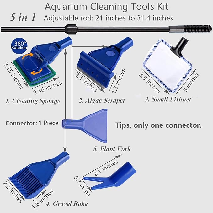 JZMYXA Aquarium Cleaning Tools Kit 5 In 1 Function for Long Deep Fish Tank, Adjustable Length Rod, Including Algae Scrape, Cleaning Sponge, 3.9" Small Fishnet, Gravel Rake, Plant Fork