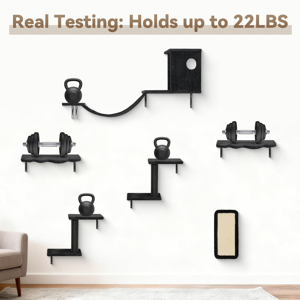 6‑in‑1 Cat Wall Shelves, Wall Mounted Cat Furniture Set with Scratching Posts, Cat Bed & Bridge, Space Saving Cat Climbing Perch for Kittens & Cats Up to 22 Lbs, Black