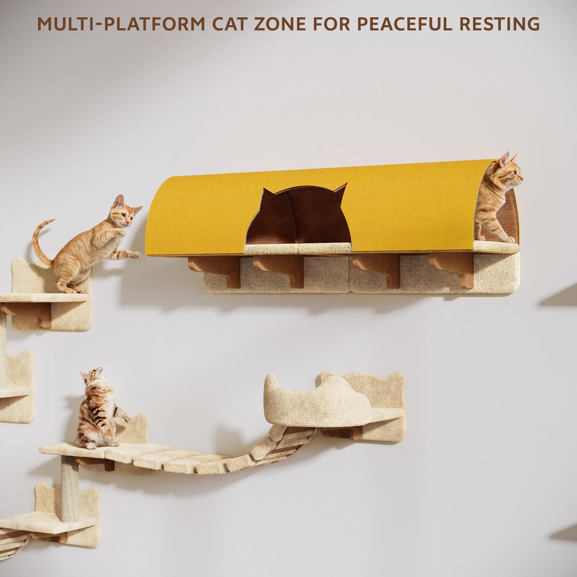 Homiflex 16-in-1 Cat Wall Shelves, Cat Furniture w/Tunnel & Bridge, Beige