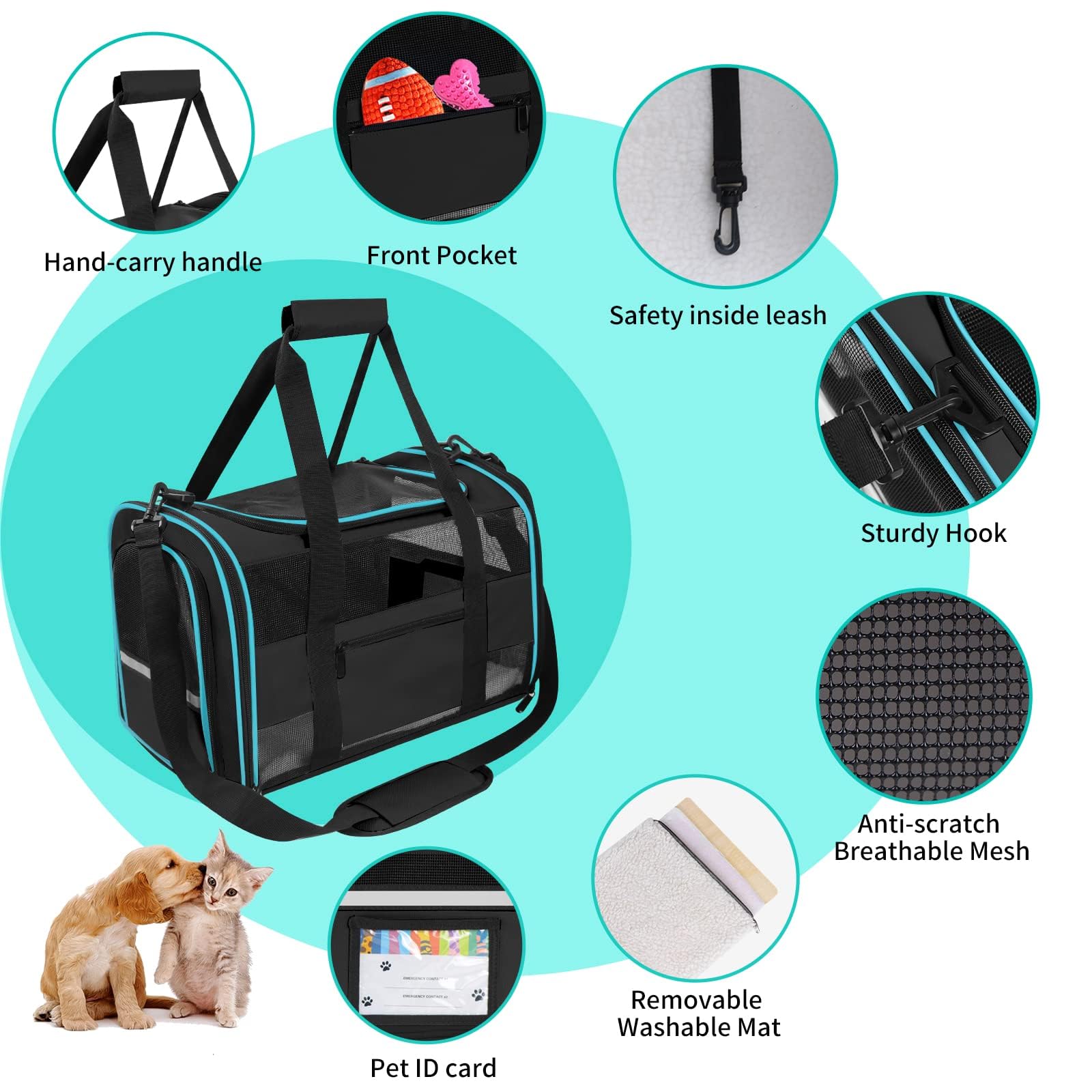 KIAFMOL 17" Cat Carrier Soft-Sided for Cats Under 15 lbs, Black