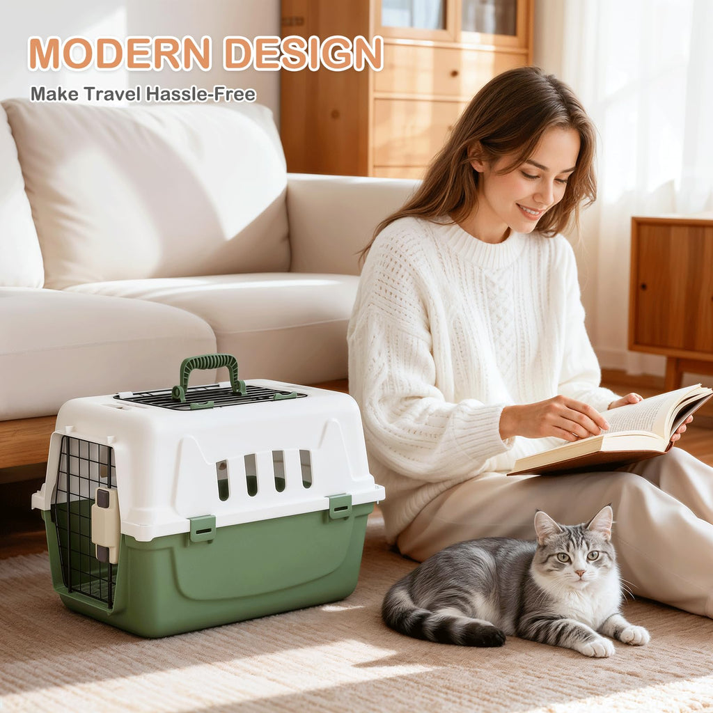 MoNiBloom 18-Inch 2-Door Top Loading Cat Carrier, Plastic Dog Crate Hard-Sided Dog Travel Carrier for Small Dogs and Cats, Ventilation and Security Lock Design for Pets up to 10 lbs (Green)