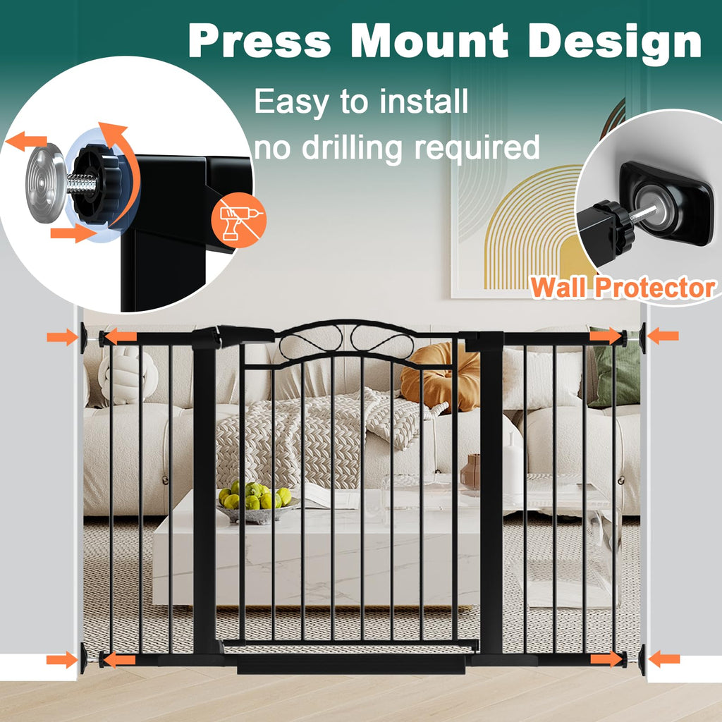 Fairy Baby 29.53"-32.28" Wide Baby Gate with Door, Walk Through Baby Gates for Stairs Pressure Mounted no Drill, Indoor Tension Metal Pet Dog Gate, Auto Close Child Safety Gate, Black