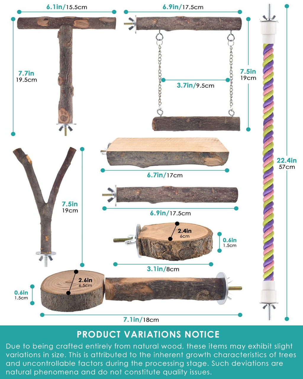 DBNESS Bird Perches, 8pcs Natural Wood Parrot Perch Stand Chewing Toys Cage Accessories Hanging Multi-Branch Perch Platform Swing Toy Rope Perches for Small and Medium Parakeet, Conures, Budgies