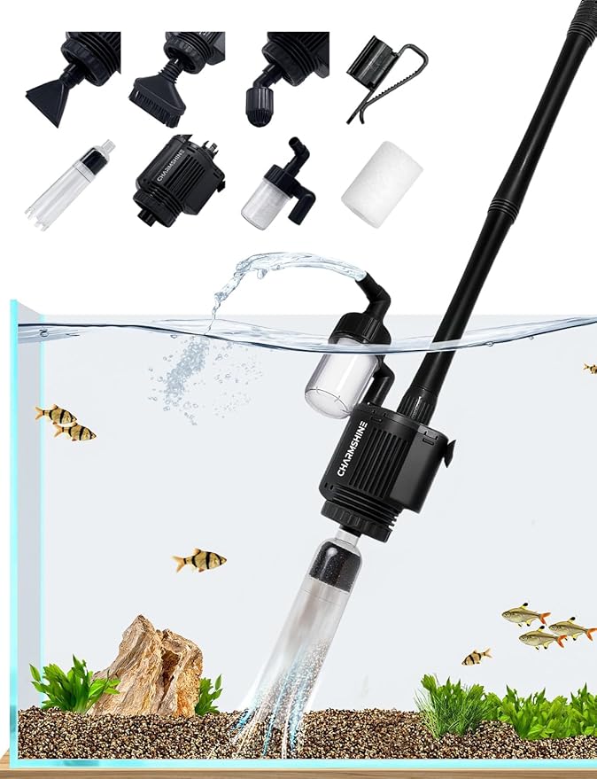 Gravel Vacuum for Aquarium, 6 in 1 Fish Tank Cleaner Tool Kit Electric Vacuum Gravel Cleaner for Aquarium Automatic Water Change, Wash Sand, Water Circulation,With Filter Cup, Hose Clamp (370GPH 22W)