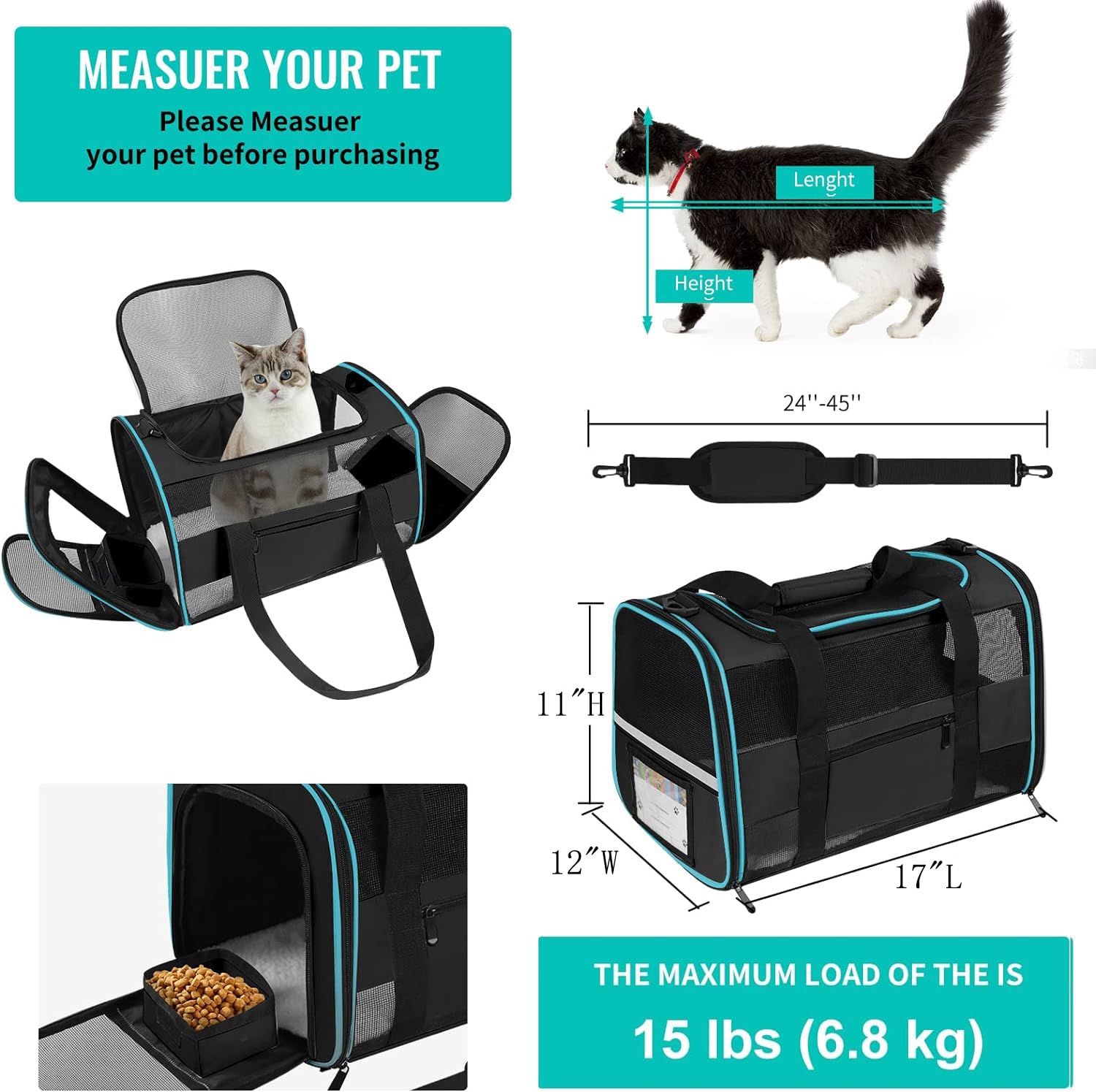 CUSSIOU Cat Carrier Pet Carrier Airline Approved for Small Dogs Cats Puppies Collapsible Soft Sided Dog Travel Carrier Bag with Reflective Strip, Black