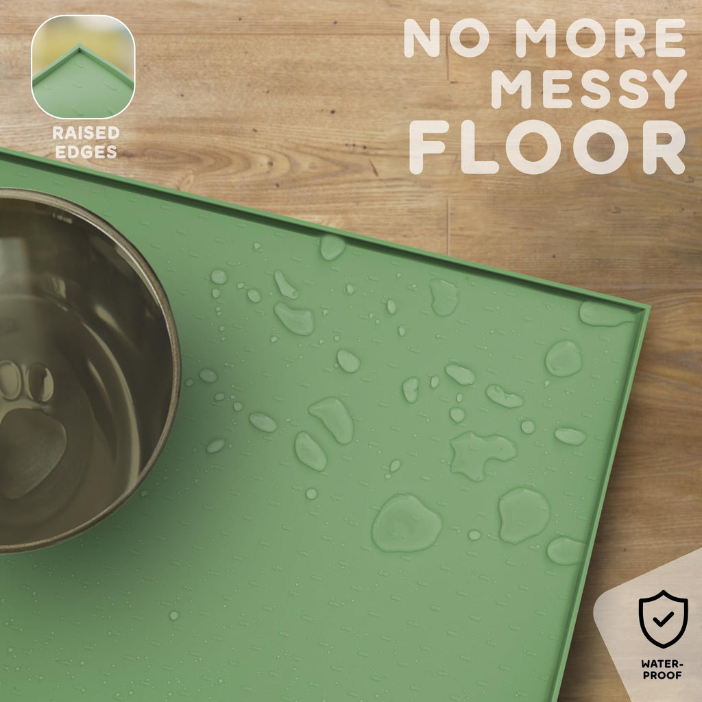 Dog Food Mat - 24x15 Raised Edges Dogs Mat for Food and Water Prevent Spill, Waterproof Cat Food Mats Protect Floors, Easy Clean Dog Bowl Mats for Food and Water, Silicone Pet Feeding Placemats Green