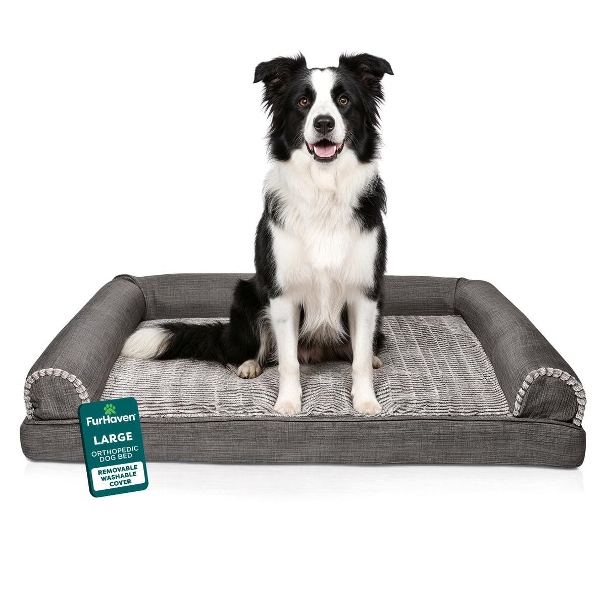 Furhaven Orthopedic Dog Bed for Large Dogs w/ Removable Bolsters & Washable Cover, For Dogs Up to 95 lbs - Plush & Suede Sofa - Almondine, Jumbo/XL