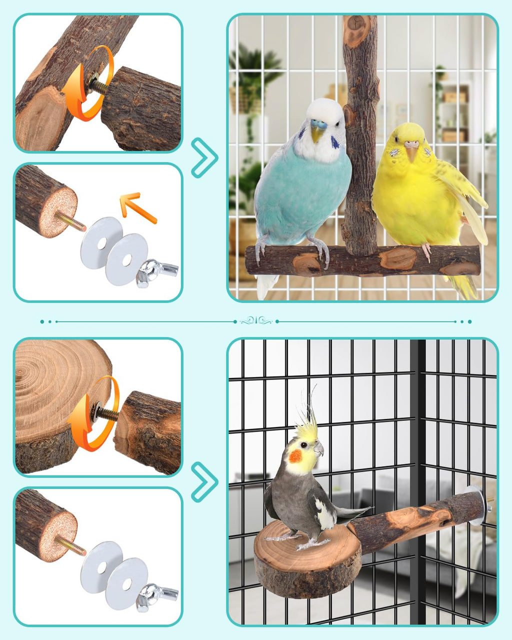 DBNESS Bird Perches, 8pcs Natural Wood Parrot Perch Stand Chewing Toys Cage Accessories Hanging Multi-Branch Perch Platform Swing Toy Rope Perches for Small and Medium Parakeet, Conures, Budgies