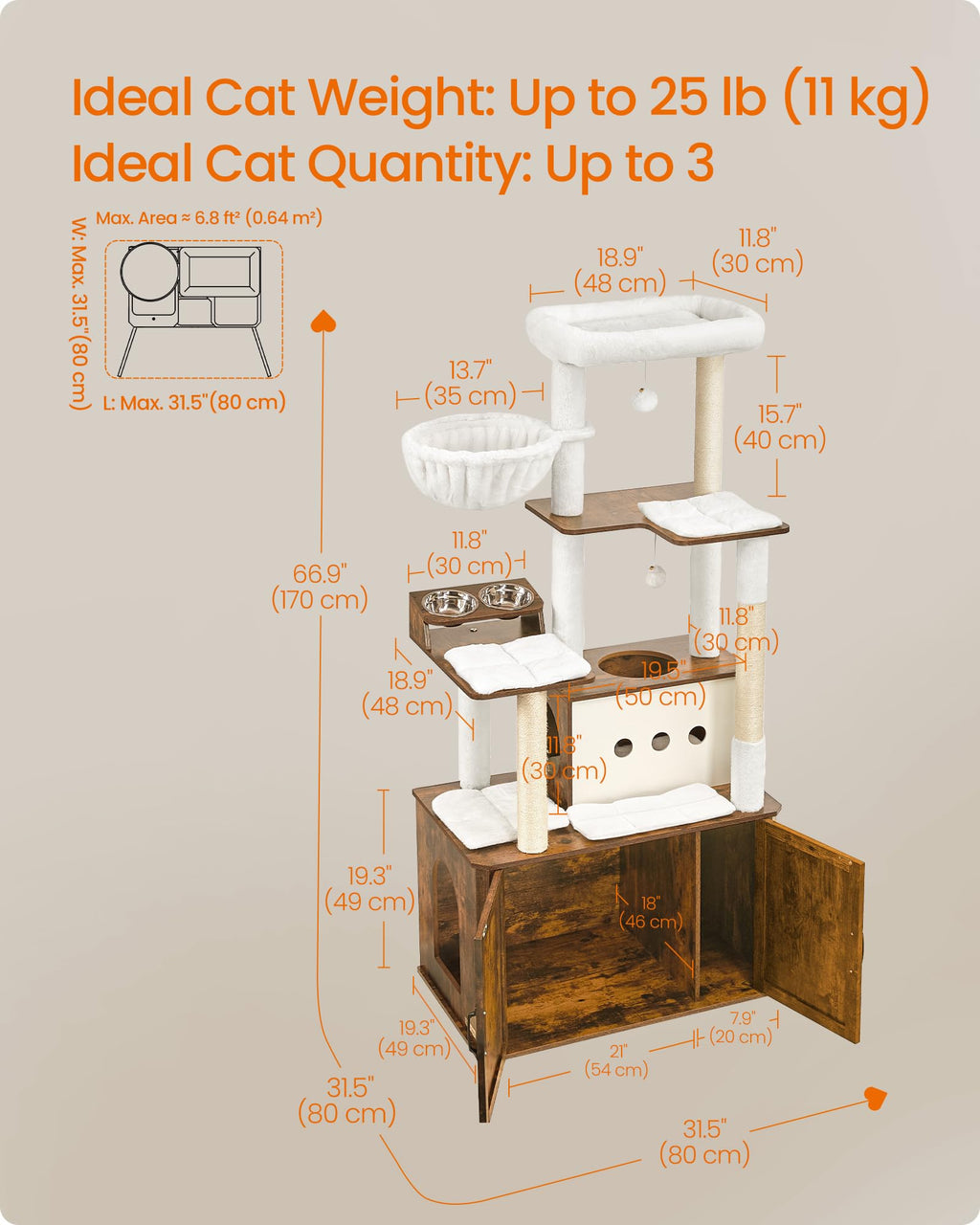 Feandrea Cat Tree, 66.9-Inch Cat Tower with Litter Box Enclosure, Large Condo with Food Station, Storage, Scratching Posts, Cave, Hammock, Washable Cushions, Rustic Brown UPCT169K01