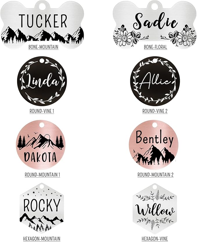 Ultra Joys Stainless Steel Pet ID Tag Dog Name Tags Personalized Front and Back Engraving, Customized Dog Tags and Cat Tag, Optional Engraved on Both Sides, Round Mountain on Bottom, Rose Large