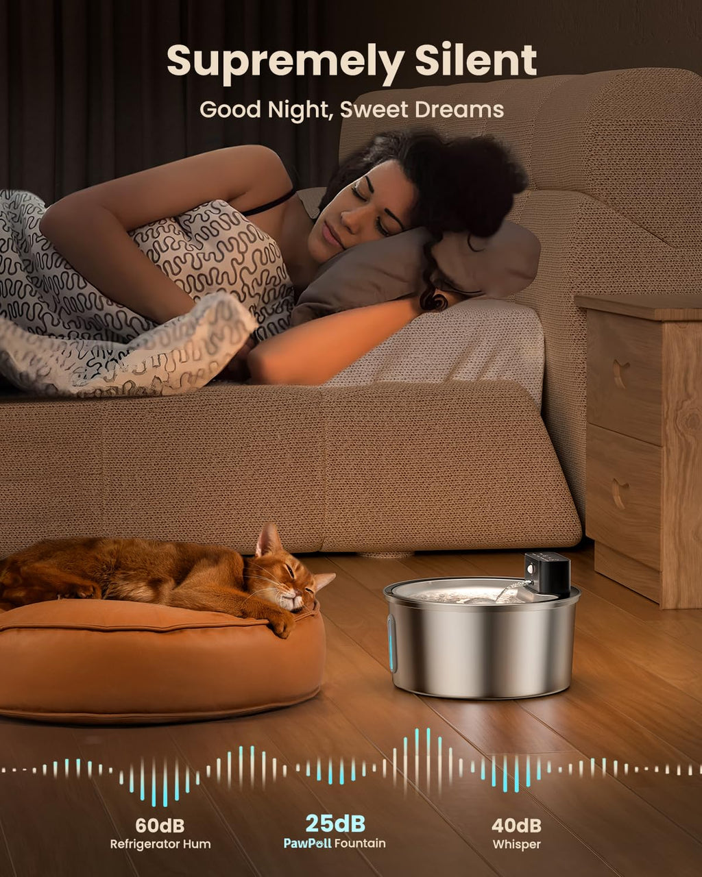 PawPoll Wireless Cat Water Fountain Stainless Steel - 3.2L/108oz Cordless Pet Water Fountain Battery Operated Cat Water Dispenser Ultra Silent Rechargeable Water Fountains for Cats and Dogs