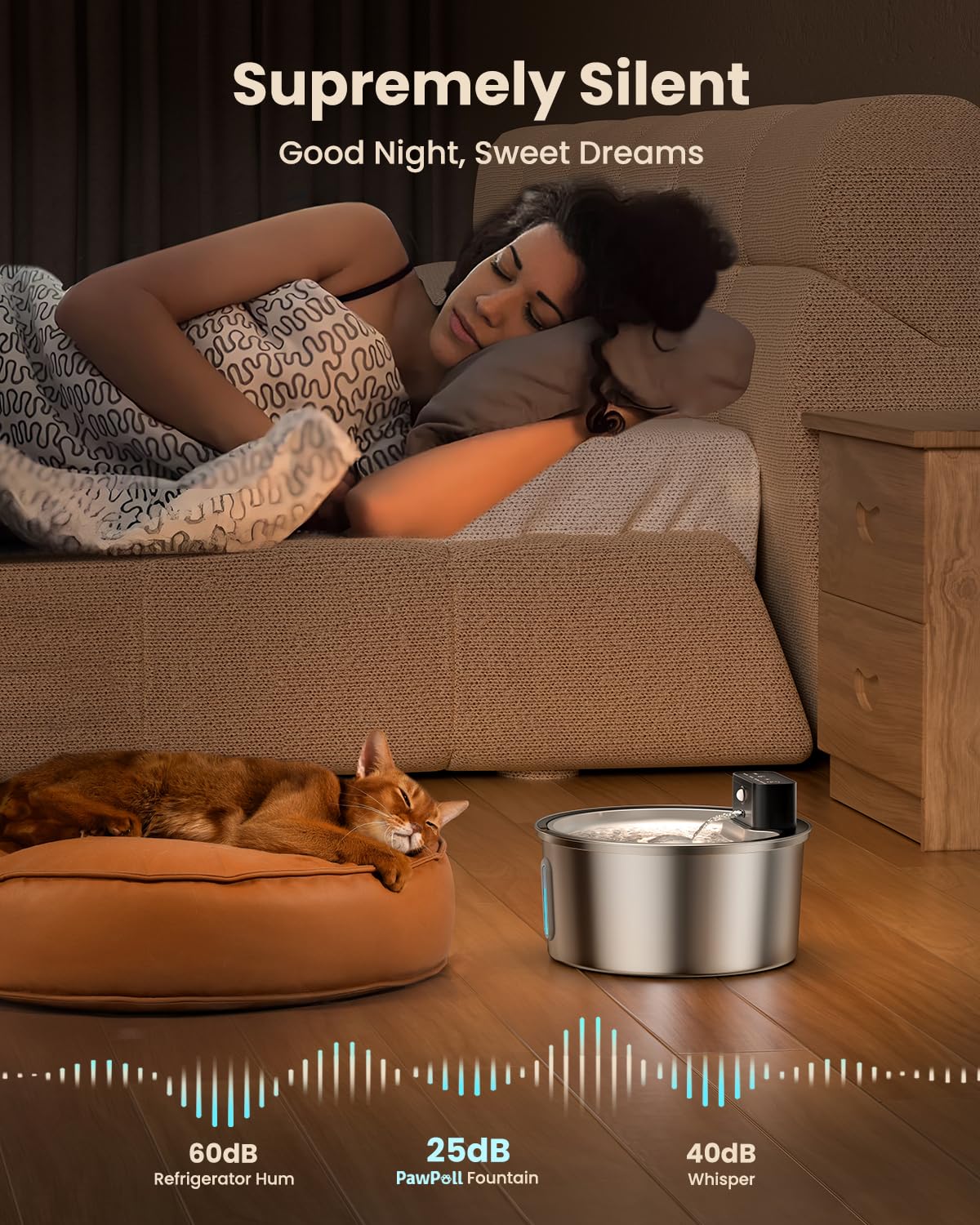 PawPoll Wireless Cat Water Fountain Stainless Steel - 3.2L/108oz Cordless Pet Water Fountain Battery Operated Cat Water Dispenser Ultra Silent Rechargeable Water Fountains for Cats and Dogs