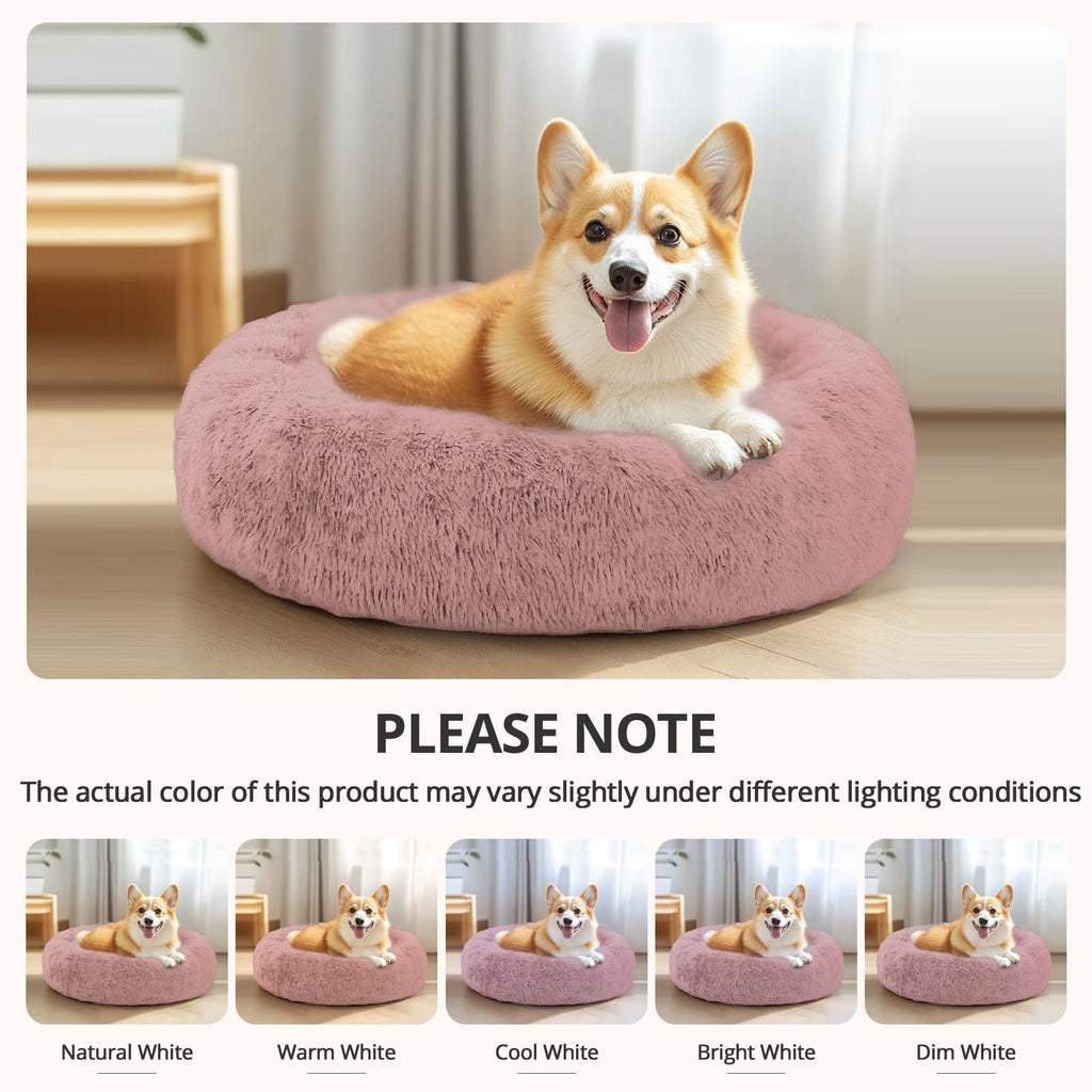 JOLLYVOGUE Calming Dog Bed Medium Size Dog, Anti-Anxiety Donut Medium Pet Bed, 27 inches Fluffy Faux Fur Round Cat Bed (Dark Pink)