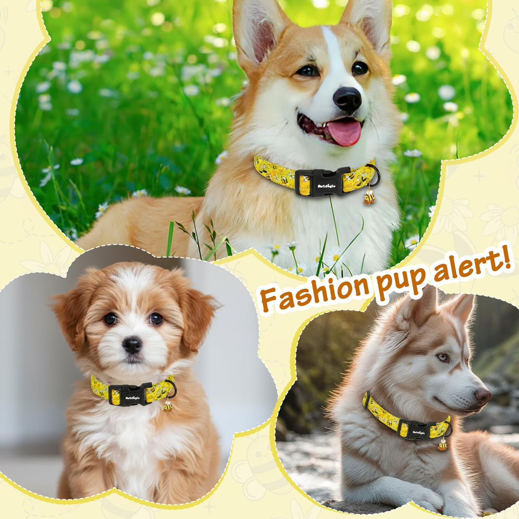 Astdogio Yellow Dog Collar for Small Dogs, Spring & Summer Theme Small Dog Collars Featuring Bee Pollinating White Flowers Pattern, Adjustable Cotton Collar for Girl Boy Dogs -S