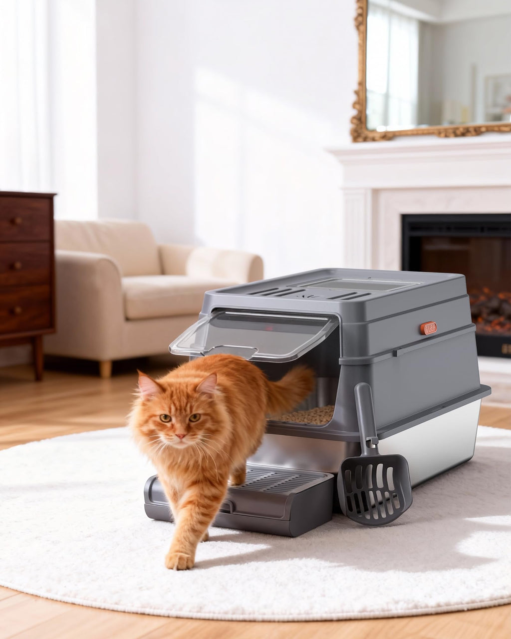 Powools Stainless Steel Enclosed Cat Litter Box, Elevated Step Box, Grey