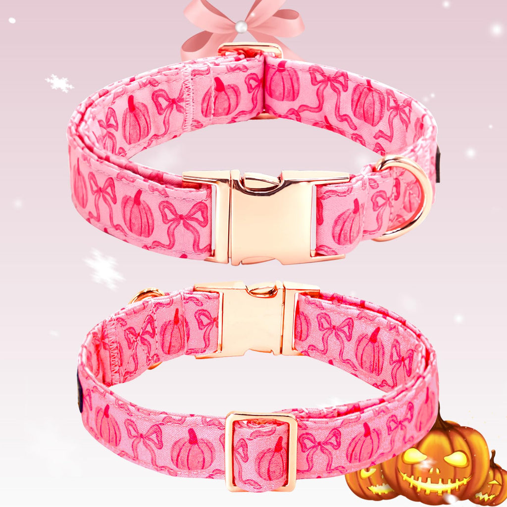 Bobo Rainbow Dog Collar, Pink Pumpkin Print Adjustable Pet Collar Cute Cotton Soft Collars with Bow Tie Fall Metal Buckle Holiday Puppy Collars Boy&Girl Gift for X-Small Dogs