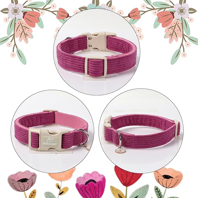 Babole Pet Cute Corduroy Dog Collar - Fuchsia Adjustable Dog Collars for X-Large Dogs 80+lbs, Fade-Proof with Secure Snap & Little Charm, Christmas Birthday Gift, XL