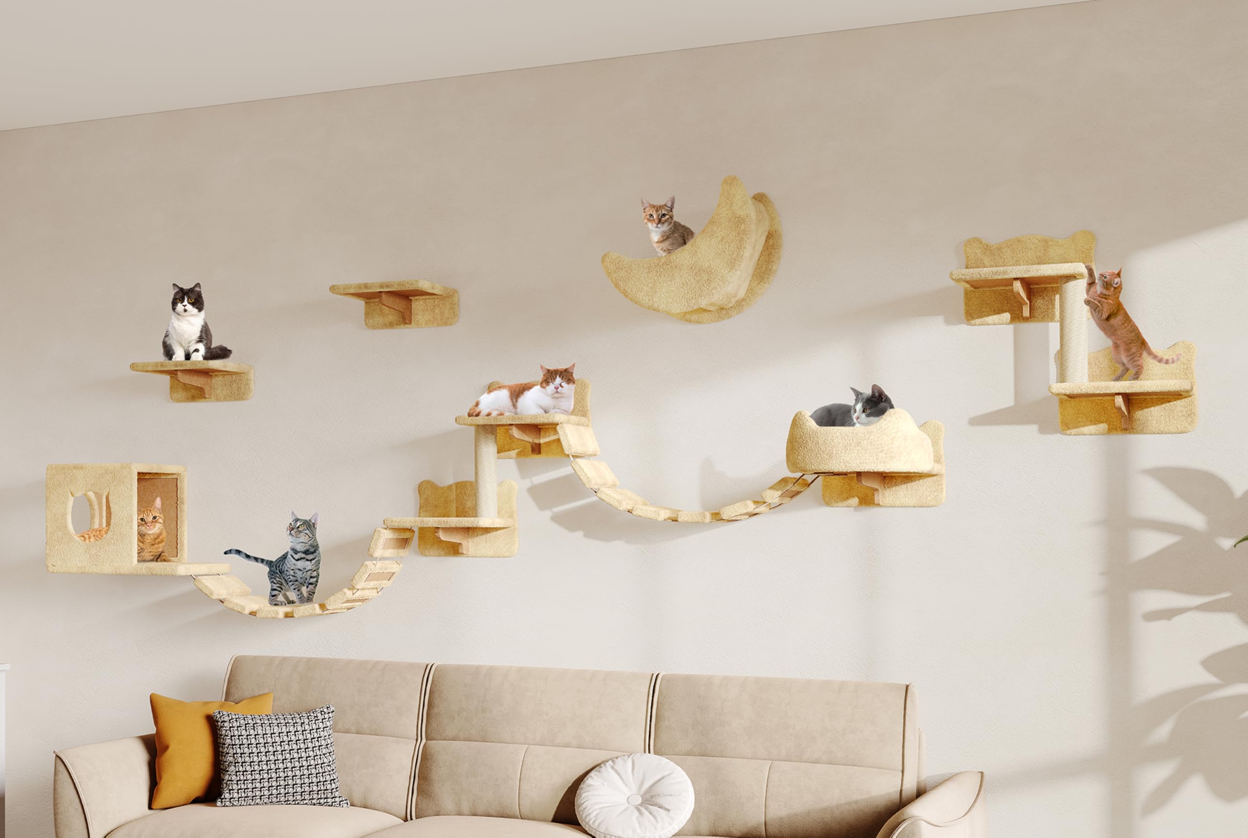 Homiflex 13-in-1 Cat Wall Shelves, Moon & Bridge Cat Wall Furniture, Beige