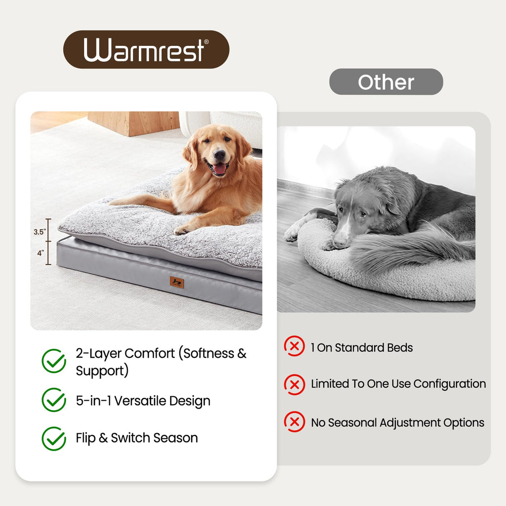Warmrest 2-Pack Dog Bed Medium Size Dogs, Waterproof Orthopedic Dog Mattress for Large Dogs, Washable Dog Crate Bed with Removable Cover, Light Grey, 55"