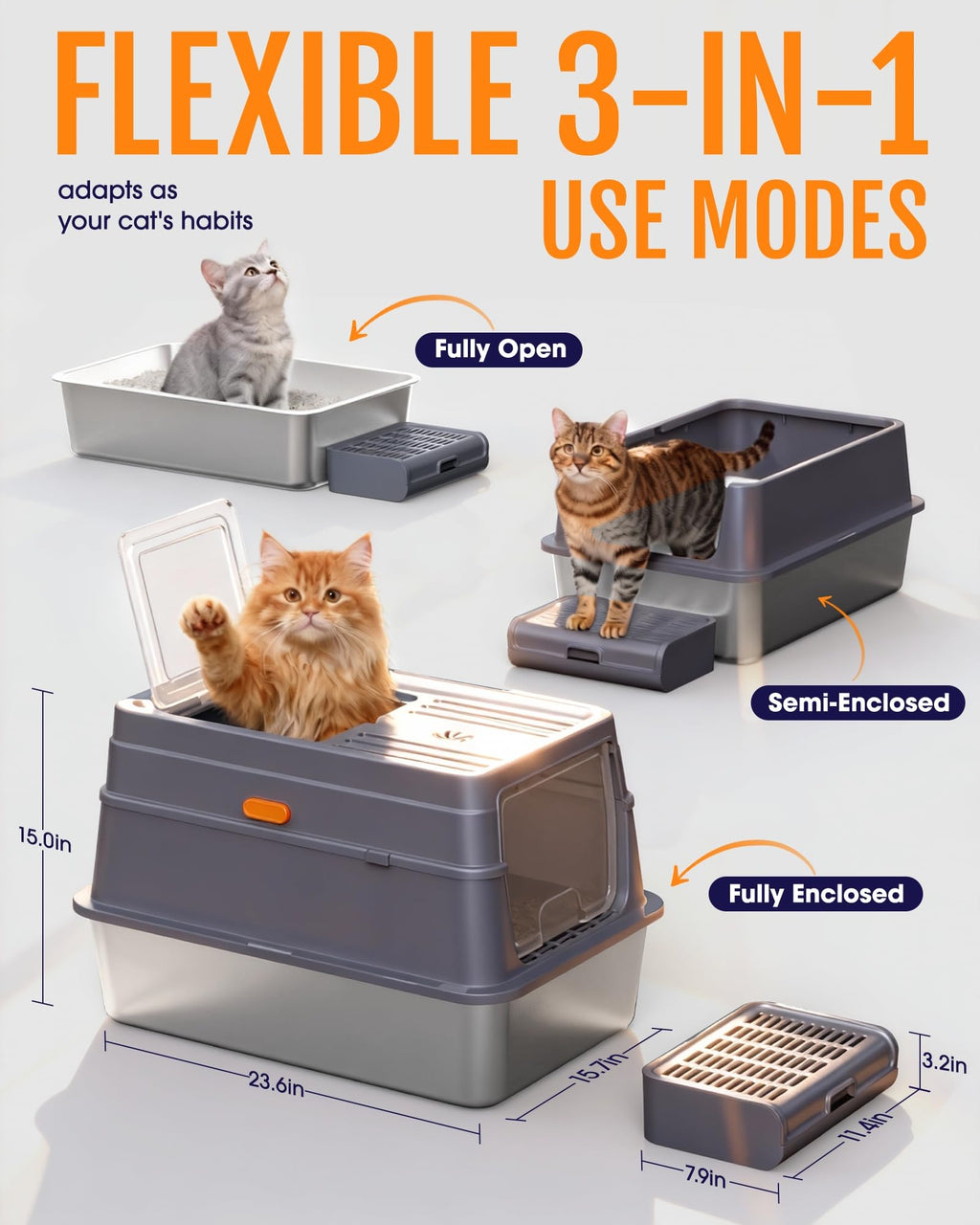 Powools Stainless Steel Enclosed Cat Litter Box, Elevated Step Box, Grey
