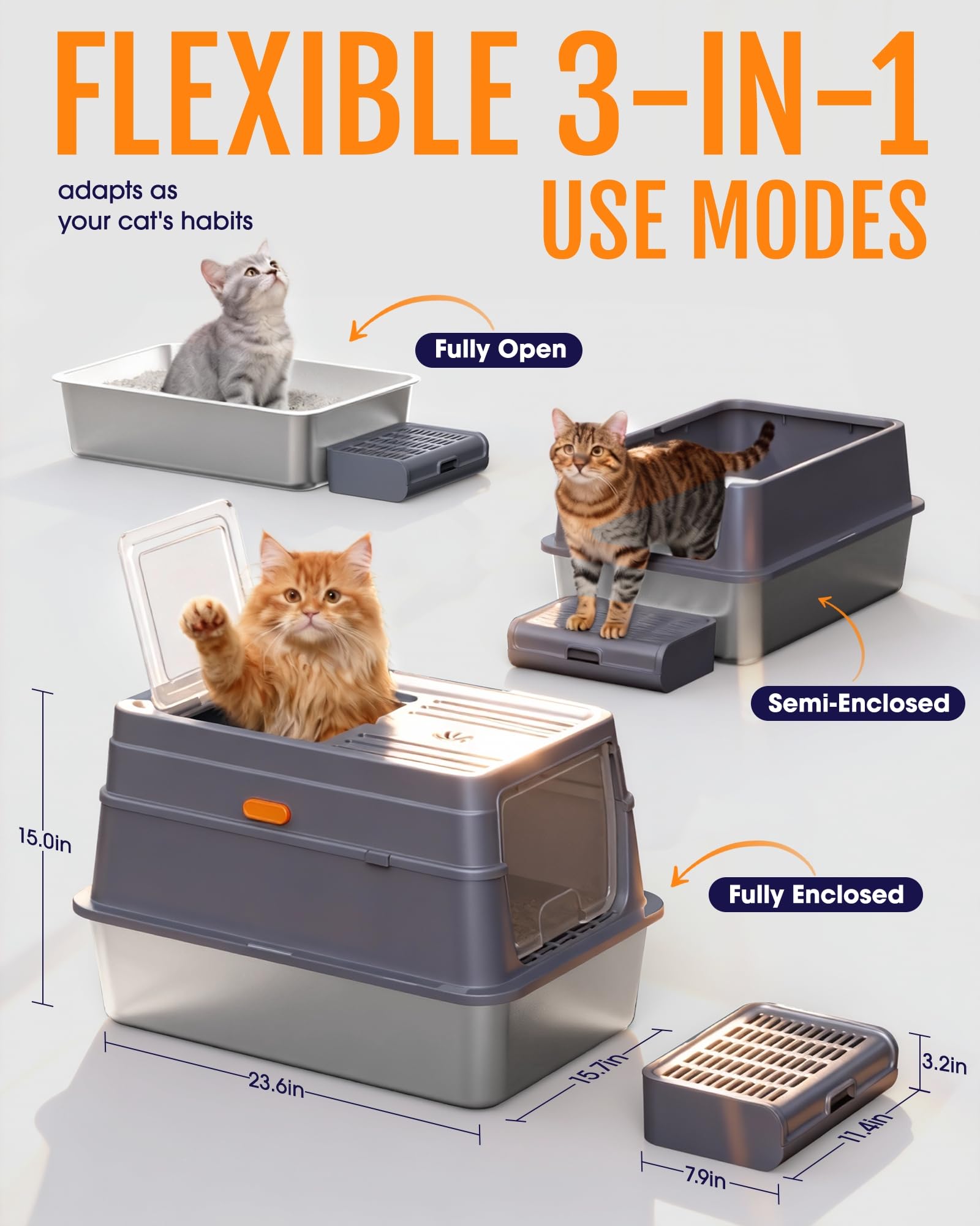 Powools Stainless Steel Enclosed Cat Litter Box, Elevated Step Box, Grey