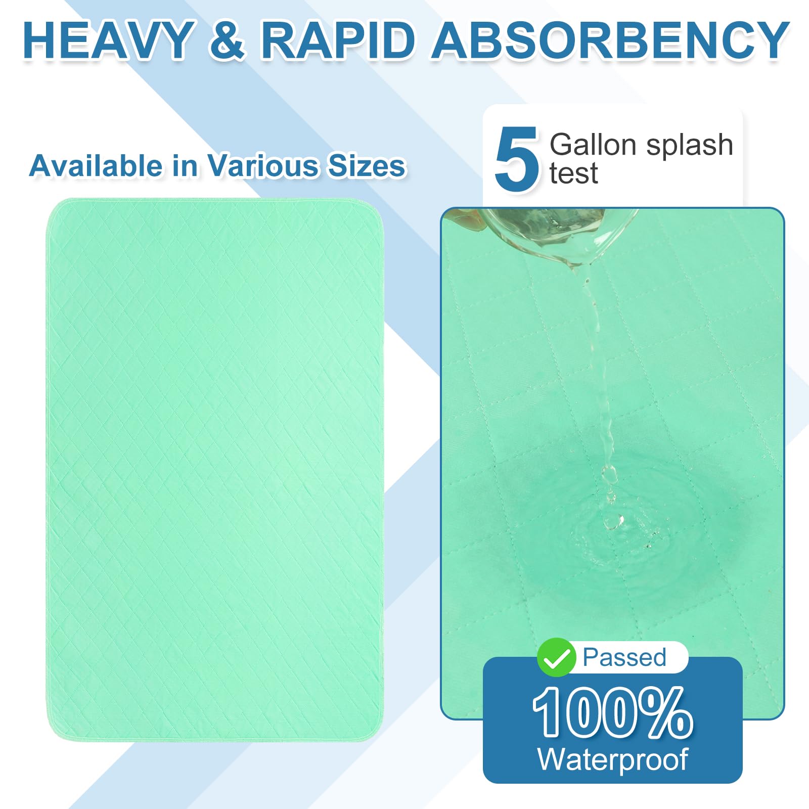 OUTCREATOR® Washable Bed Pads 34" x 56" (Pack of 2), Incontinence Mattress Protector, Anti-Slip Waterproof Underpads for Adults Kids Elderly Pets, Absorbency & Reusable Bedwetting Pads (Solid Green)