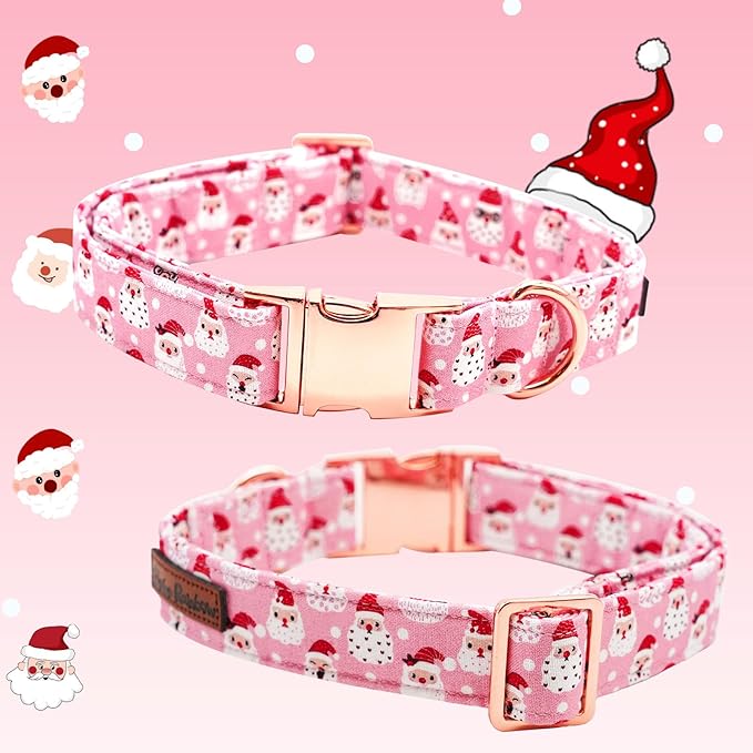 Bobo Rainbow Dog Collar, Christmas Pink Santa Claus Cotton Pet Collar Bow Holiday Girl Boy Cute Puppy Collar Adjustable Pet Collar for Medium Dogs