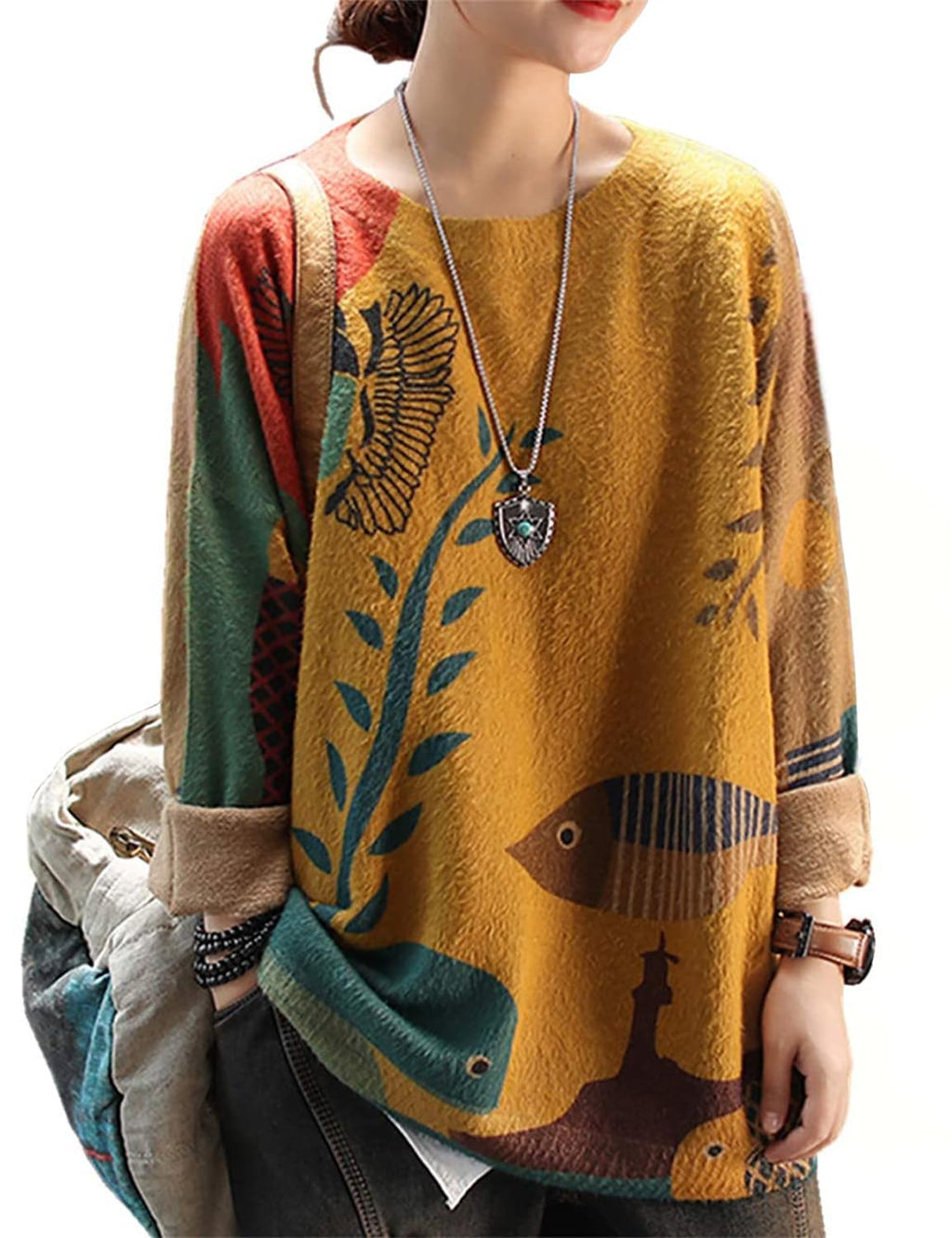 YESNO Women Christmas Sweater Graphic Printed Oversized Pullover Sweaters Casual Loose Knit Tops XL S01 CR19
