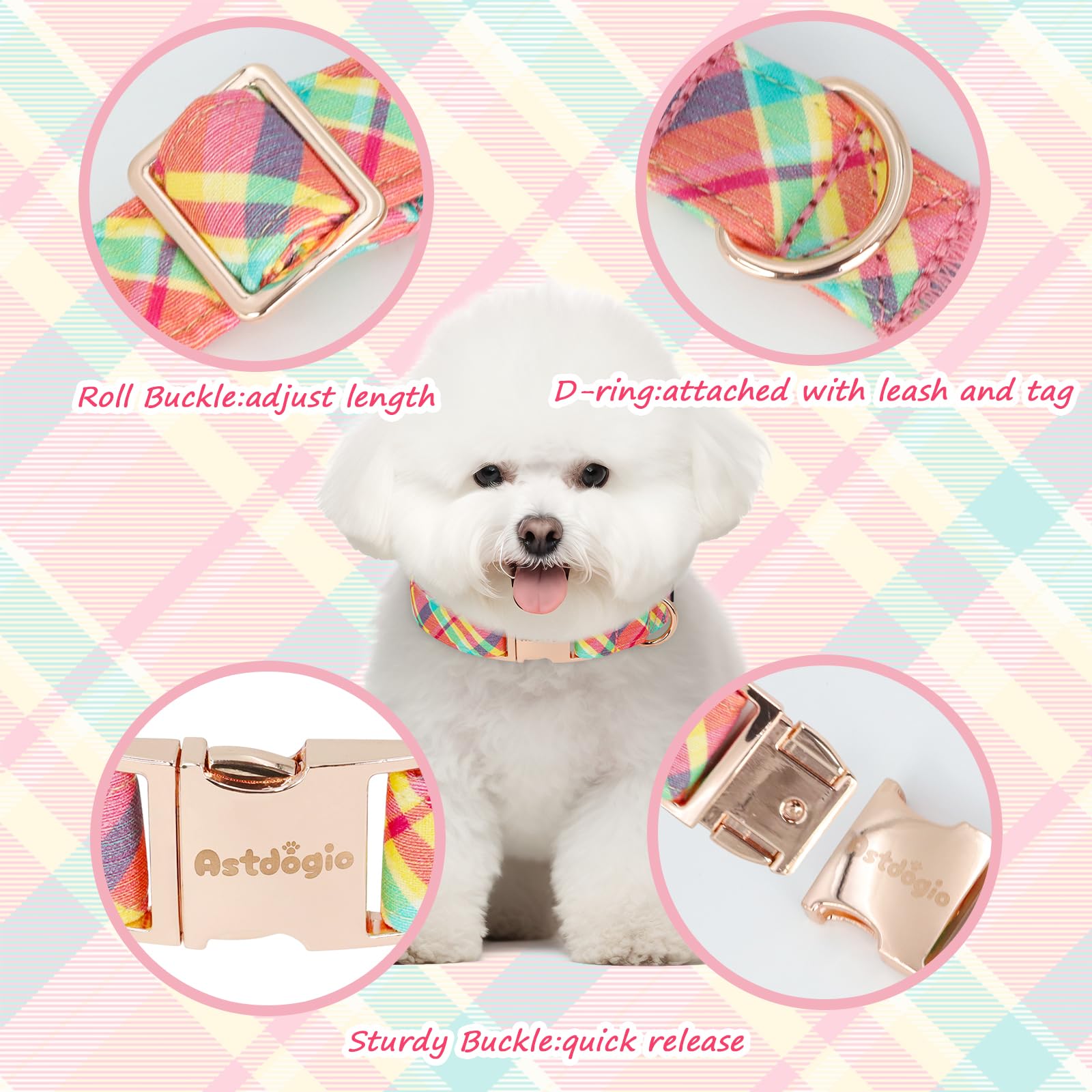Astdogio Cotton Dog Collar, Soft Adjustable Dog Collars for Small Dogs, Multi-Color Plaid Dog Collar for Small Medium Large Dogs, Cute Dog Collars Perfect for Girl or Boy Dog Collars-S