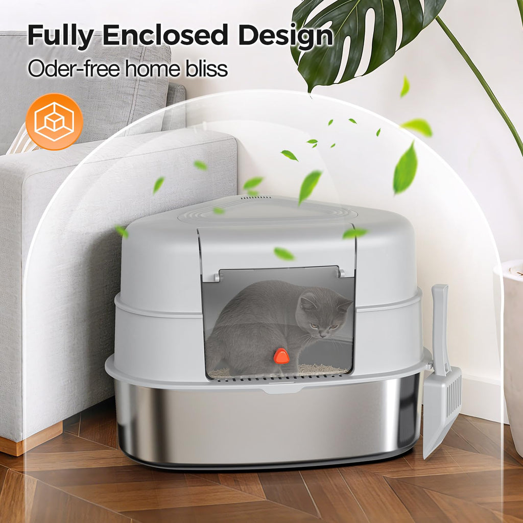 Chumajor XXL Stainless Steel Corner Cat Litter Box with Lid,Grey