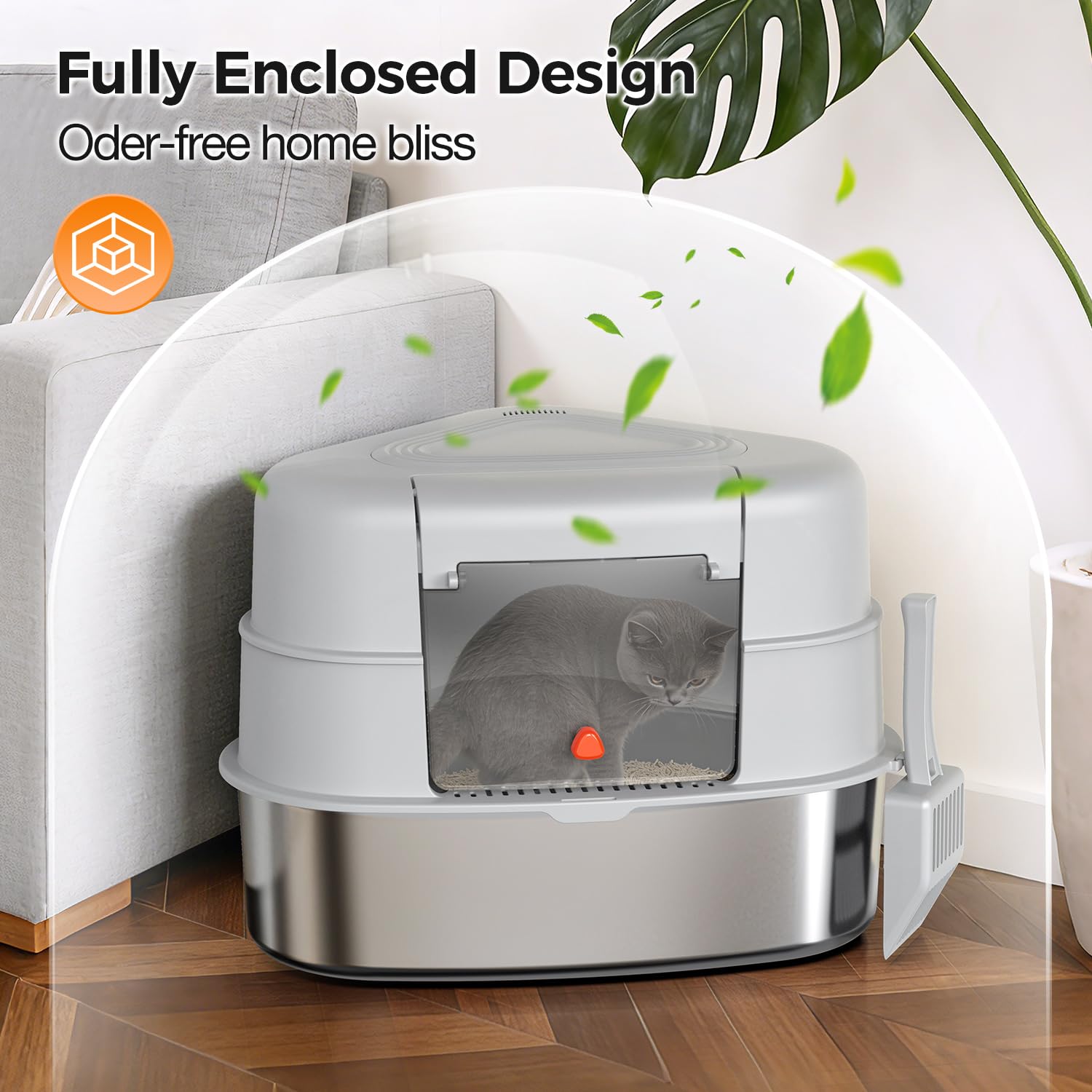 Chumajor XXL Stainless Steel Corner Cat Litter Box with Lid,Grey
