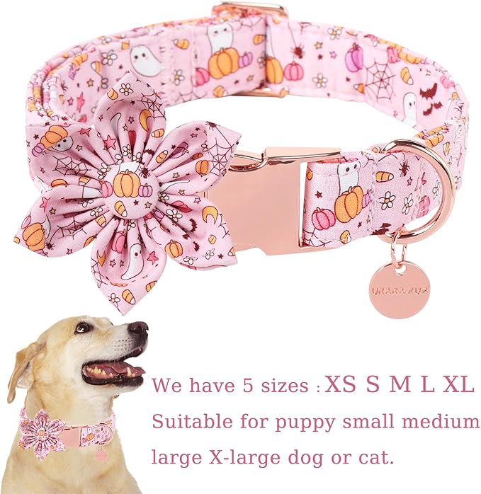 UP URARA PUP Halloween Dog Collar With Flower, Pink Puppy Collar With Adjustable Metal Buckle, Fancy Bowtie Gift for Girl Boy Dog, XS