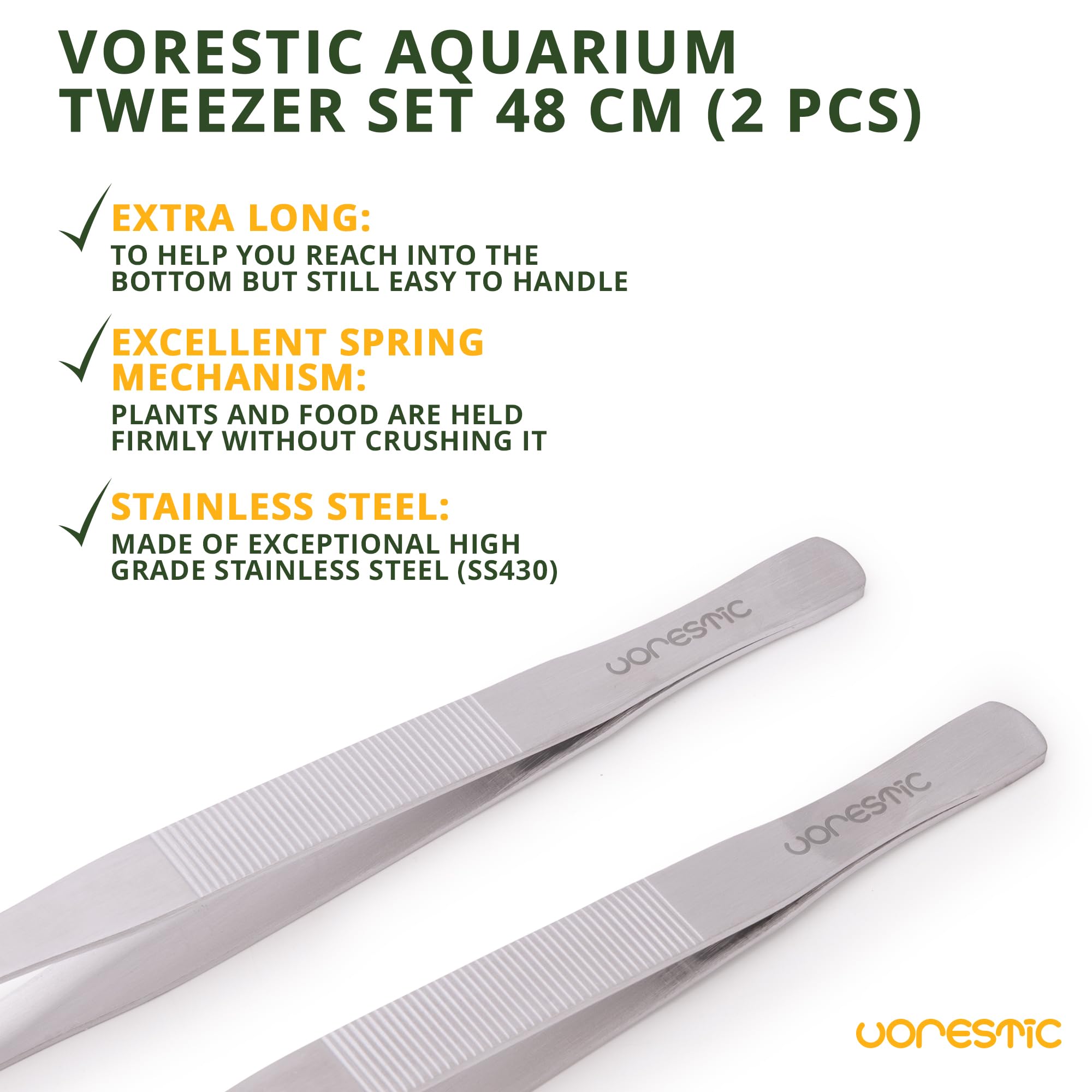 VORESTIC Straight and Curved Aquarium Tweezers Set 18 Inch, Stainless Steel Long Tweezers for Fish Tank Planting, Aquascaping, Reptile Feeding Tongs, Terrarium Tool and Aquarium Tongs