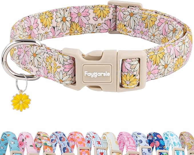 Faygarsle Floral Girl Dog Collar, Pink and Yellow Summer Spring Design for Small Medium Large Dogs, M