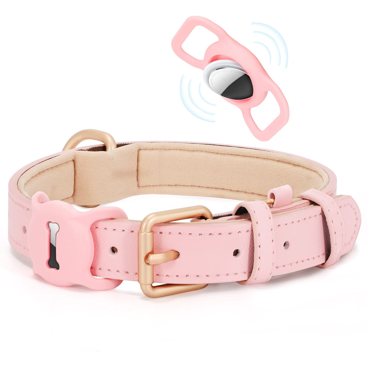 WHIPPY Airtag Leather Dog Collar GPS Tracker Air Tag Puppy Collar Adjustable Soft Leather Padded Dog Collar with Airtag Holder Case for Small Medium Large Dog Pet Backpack,Pink,S