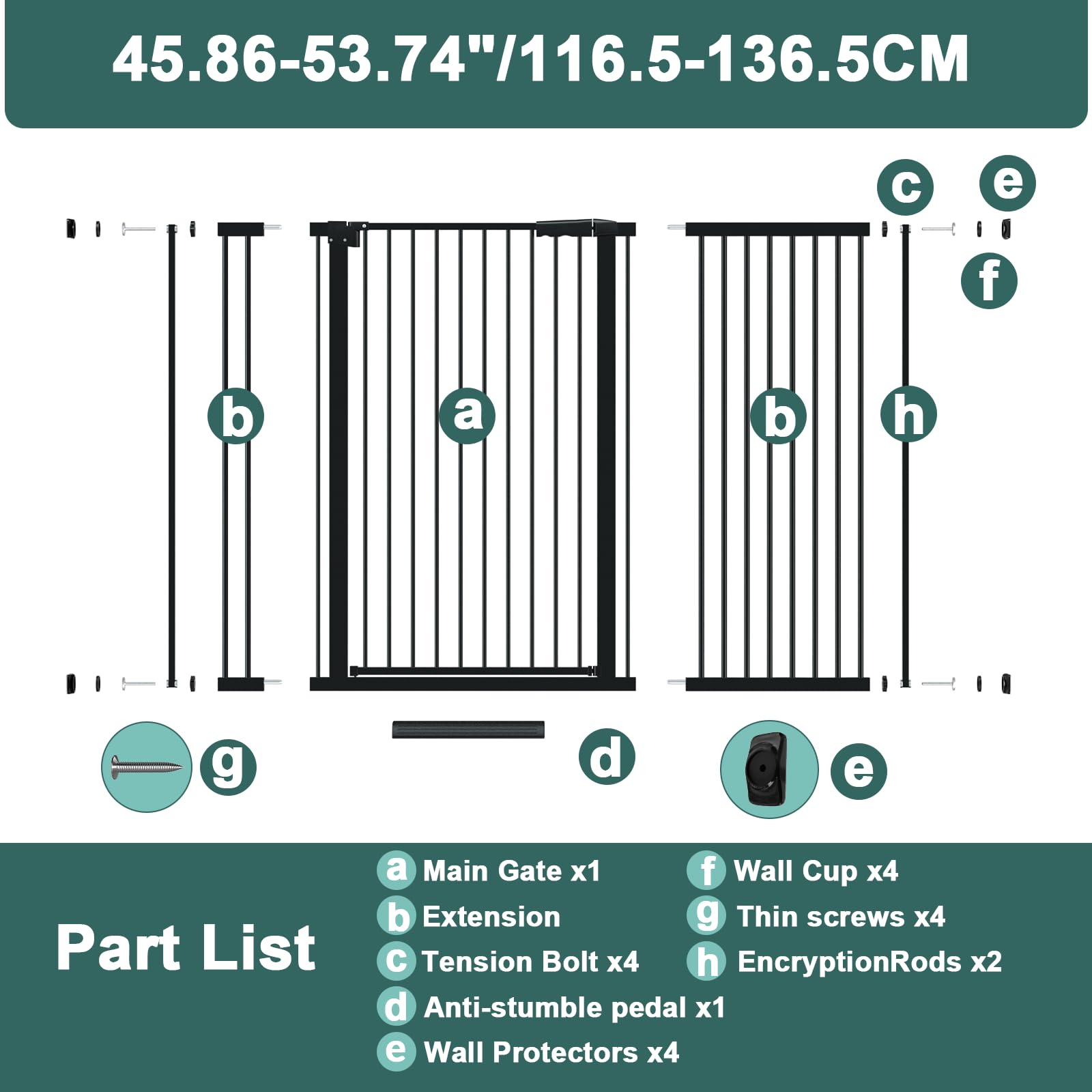 AiWMGL 40.55" Tall, 45.86-53.74 Inch Wide, 1.37" Ultra Narrow Spacing Dog Pet Baby Gate Indoor for Doorway Hallway, Pressure Mounted 46 47 48 49 50 51 52 53 Inches Wide Black