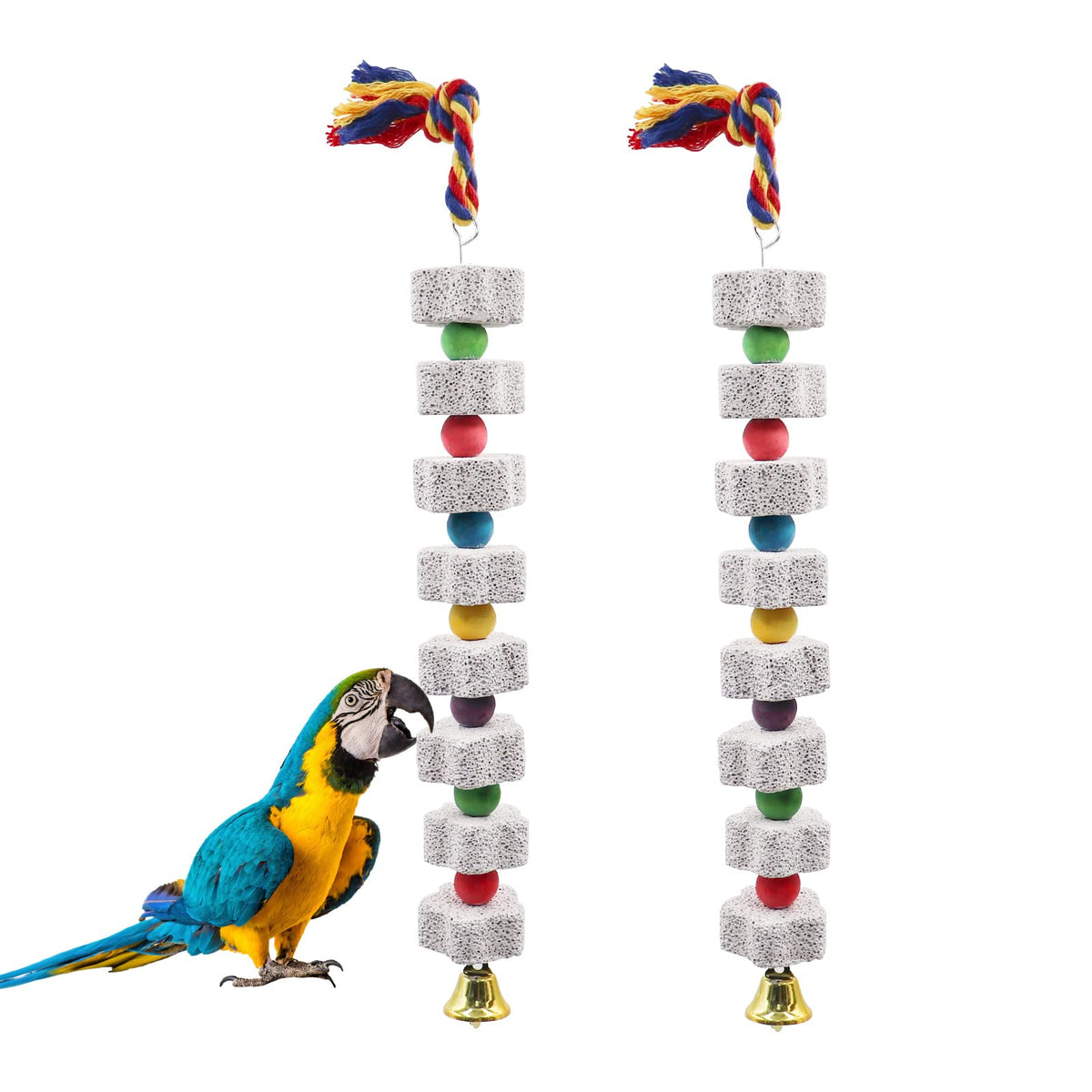 2 Pack Bird Chewing Toy, Colorful Parrot Beak Grinding Calcium Stone with Bells, Cage Accessories for Cockatiels Parakeets Parrots Budgies Lovebirds Rat Hamster Chinchilla Rabbit Bunny African Grey