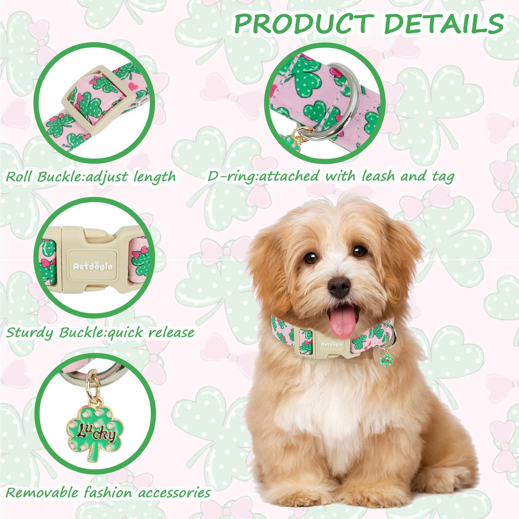 Astdogio St. Patrick's Day Dog Collar,Pink Bow with Lucky Shamrock Puppy Collar,Adjustable Spring Cotton Collars Gifts for Small Medium Large Dogs,Dog Accessories S