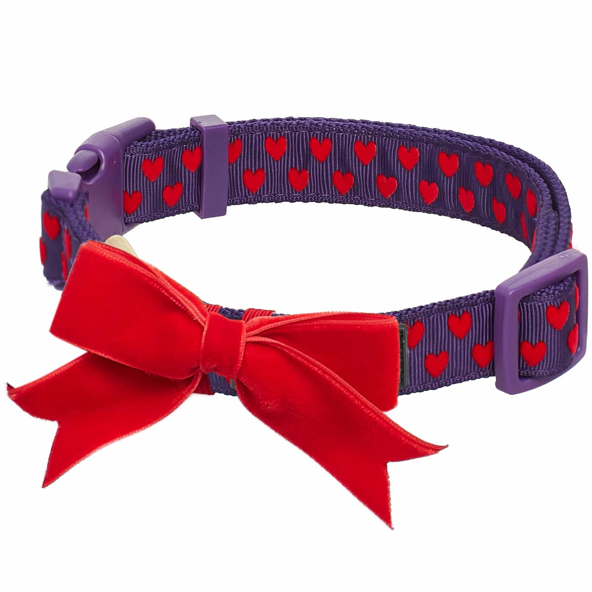 Blueberry Pet Adjustable Flocking Dog Collar with Detachable Velvety Bowtie - Heart in Gothic Grape