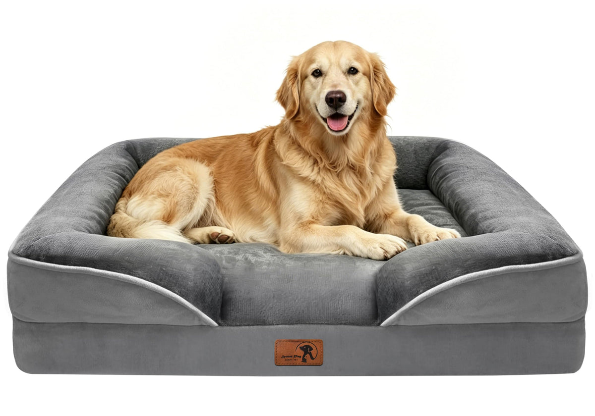Spotted Play Orthopedic Dog Bed with Sides - Dog Sofa Beds for Extra Large Dogs, Supportive Foam Pet Couch Bed with Washable Removable Cover, Waterproof Lining and Non-Slip Bottom, Grey - XL