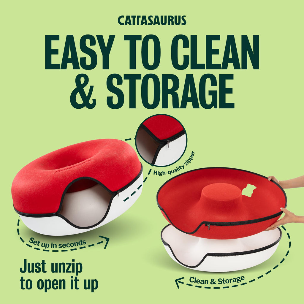 Cattasaurus Peekaboo Cat Cave, Extra Spacious for Multiple & Large Cats 12+ lbs, Scratch Detachable Cat Beds for Indoor Cats, Washable Tunnel Bed, Comfy Donut Tunnel (Ruby Snowball, Jumbo)