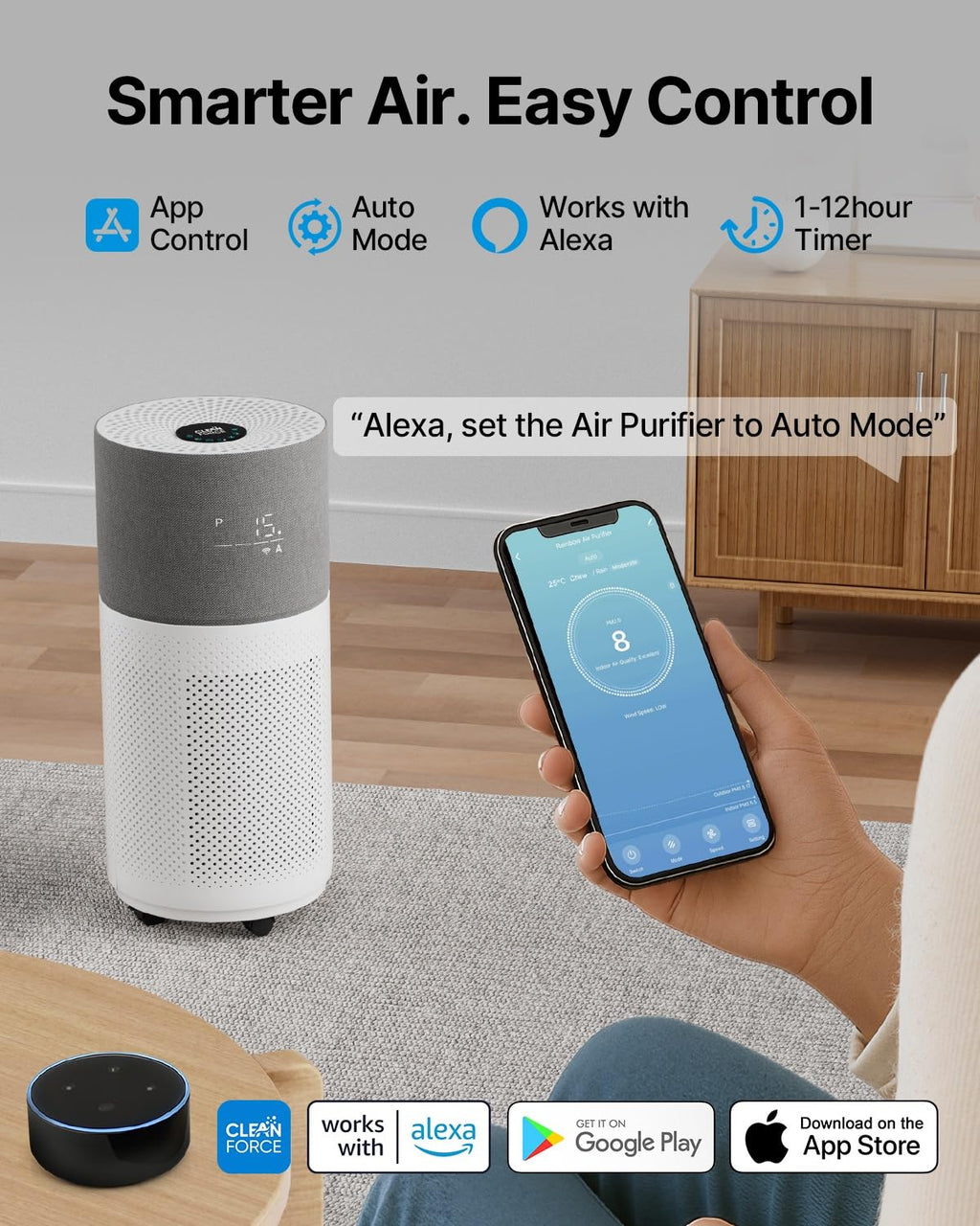 CleanForce Air Purifier for Large Room up to 2,250 ft², H13-Grade HEPA Filtration & Activated Carbon Layer, Captures Dust, Pollen, Smoke & Pet Dander | Smart App & Alexa | Gray, Rainbow Series