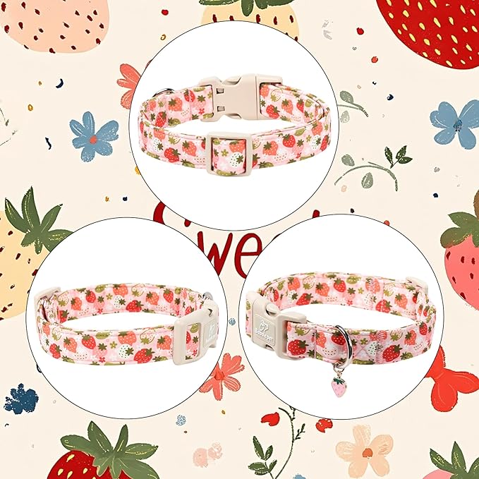 Strawberry Dog Collar for Large Dogs - Cute Spring Pink Dog Collars, Summer Pastel Puppy Collars, Soft Adjustable Boy Girl Dogs Collar with Quick-Release Buckle L