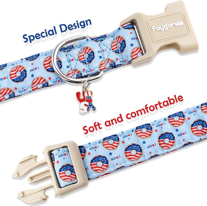 Faygarsle Patriotic Dog Collar, 4th of July Design, American Flag Pattern, Light Blue Summer Design for Small Medium Large Dogs, L