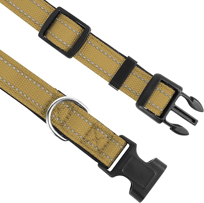 PWOD Reflective Dog Collar, Adjustable Soft Neoprene Padded Nylon Pet Collars with Buckle for Puppy and Small Dogs, Cats, Khaki,XS