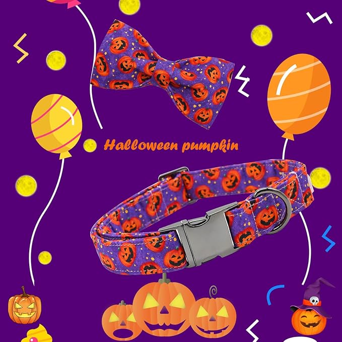Dog Collar - Halloween Pumpkin Bowtie Pet Collar Gift Soft Bow Collar Pet Adjustable Metal Buckle Puppy Collars for X-Small Dogs